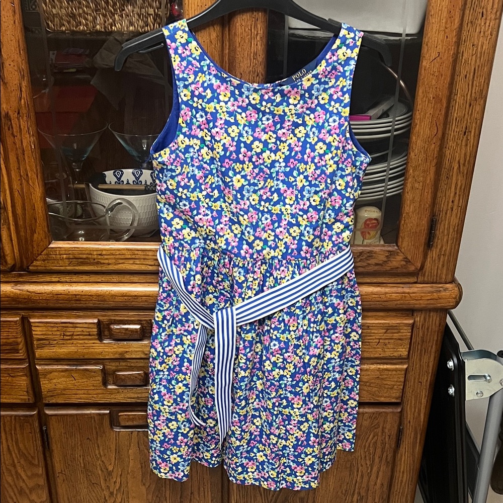 Polo girls Floral Sleeveless Dress with Striped Belt